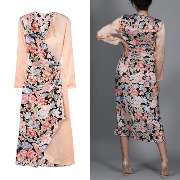 RIXO Satin Floral‎ Dot Colorblock Long Sleeve V-Neck Ruched Wrap Midi Dress XS - Picture 7 of 11